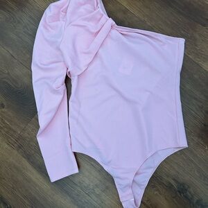 Pale Pink One-Shoulder Ribbed Long-Sleeve Bodysuit